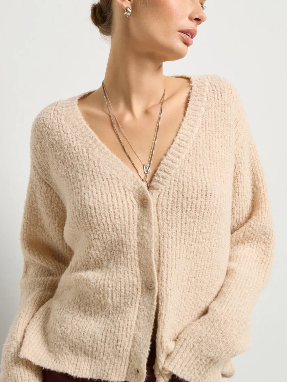 V-Neck Button-Front Cardigan Sweater - Cream